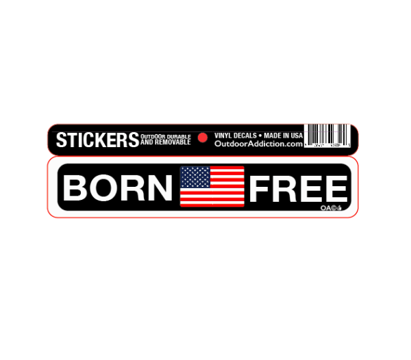 Born free - American 1 x 5 inches mini bumper sticker Make a statement with these great designs sized perfectly for items like computers, cell phones or bigger items like your car! Dimensions: 1" x 5 inch -Printed vinyl -Outdoor durable and ultra removable -Waterproof